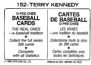 1986 O-Pee-Chee Stickers #152 Terry Kennedy Back