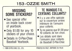 1986 O-Pee-Chee Stickers #153 Ozzie Smith Back