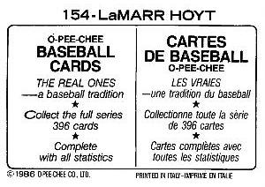 1986 O-Pee-Chee Stickers #154 LaMarr Hoyt Back