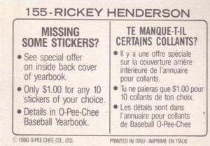 1986 O-Pee-Chee Stickers #155 Rickey Henderson Back