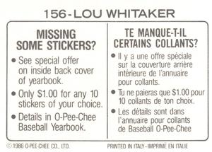 1986 O-Pee-Chee Stickers #156 Lou Whitaker Back