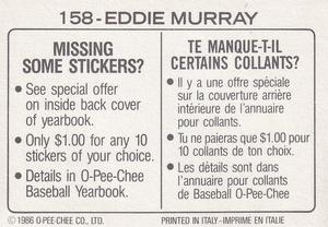 1986 O-Pee-Chee Stickers #158 Eddie Murray Back