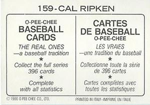 1986 O-Pee-Chee Stickers #159 Cal Ripken Jr. Back