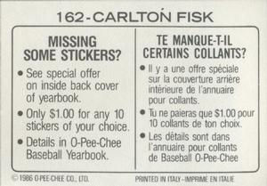 1986 O-Pee-Chee Stickers #162 Carlton Fisk Back