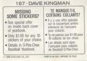 1986 O-Pee-Chee Stickers #167 Dave Kingman Back