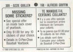 1986 O-Pee-Chee Stickers #168 / 309 Alfredo Griffin / Ozzie Guillen Back