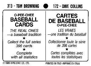 1986 O-Pee-Chee Stickers #172 / 313 Dave Collins / Tom Browning Back