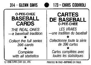 1986 O-Pee-Chee Stickers #173 / 314 Chris Codiroli / Glenn Davis Back