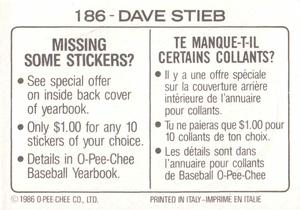 1986 O-Pee-Chee Stickers #186 Dave Stieb Back