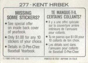 1986 O-Pee-Chee Stickers #277 Kent Hrbek Back