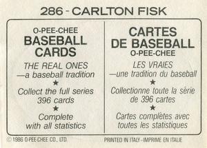 1986 O-Pee-Chee Stickers #286 Carlton Fisk Back