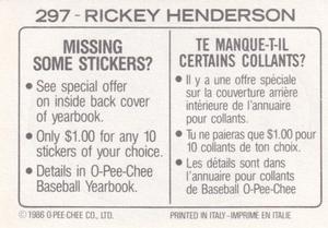 1986 O-Pee-Chee Stickers #297 Rickey Henderson Back