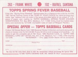 1986 Topps Stickers #102 / 263 Rafael Santana / Frank White Back