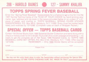 1986 Topps Stickers #127 / 288 Sammy Khalifa / Harold Baines Back