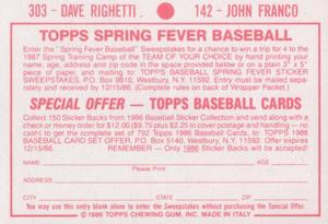 1986 Topps Stickers #142 / 303 John Franco / Dave Righetti Back