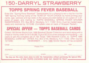 1986 Topps Stickers #150 Darryl Strawberry Back