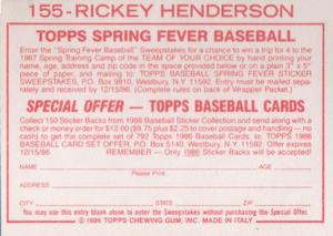 1986 Topps Stickers #155 Rickey Henderson Back