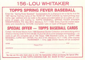 1986 Topps Stickers #156 Lou Whitaker Back