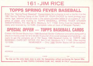 1986 Topps Stickers #161 Jim Rice Back