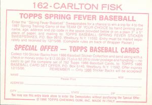 1986 Topps Stickers #162 Carlton Fisk Back