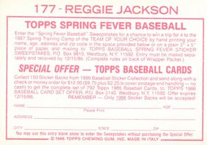 1986 Topps Stickers #177 Reggie Jackson Back