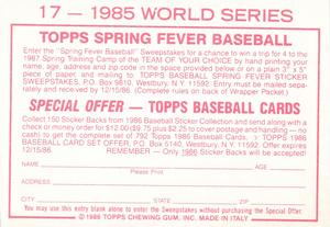 1986 Topps Stickers #17 1985 World Series Back