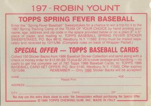 1986 Topps Stickers #197 Robin Yount Back