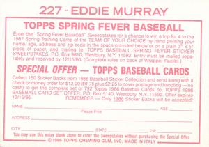 1986 Topps Stickers #227 Eddie Murray Back