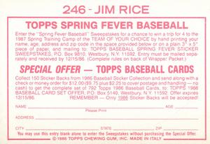 1986 Topps Stickers #246 Jim Rice Back