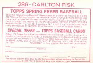 1986 Topps Stickers #286 Carlton Fisk Back