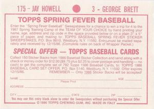 1986 Topps Stickers #3 / 175 George Brett / Jay Howell Back