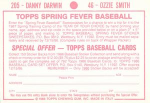 1986 Topps Stickers #46 / 205 Ozzie Smith / Danny Darwin Back