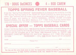 1986 Topps Stickers #4 / 178 Rod Carew / Doug DeCinces Back