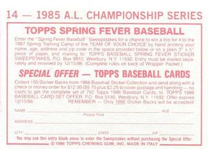 1986 Topps Stickers #14 1985 A.L. Championship Series Back