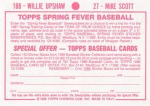 1986 Topps Stickers #27 / 188 Mike Scott / Willie Upshaw Back