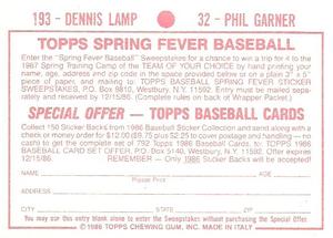 1986 Topps Stickers #32 / 193 Phil Garner / Dennis Lamp Back