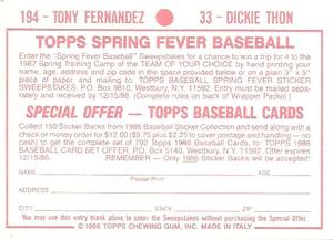 1986 Topps Stickers #33 / 194 Dickie Thon / Tony Fernandez Back