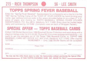 1986 Topps Stickers #56 / 215 Lee Smith / Rich Thompson Back