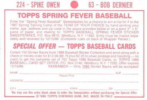 1986 Topps Stickers #63 / 224 Bob Dernier / Spike Owen Back