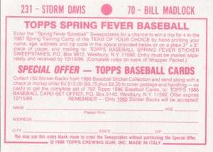 1986 Topps Stickers #70 / 231 Bill Madlock / Storm Davis Back