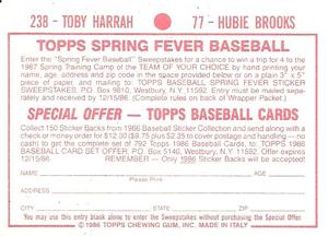 1986 Topps Stickers #77 / 238 Hubie Brooks / Toby Harrah Back