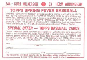 1986 Topps Stickers #83 / 244 Herm Winningham / Curt Wilkerson Back