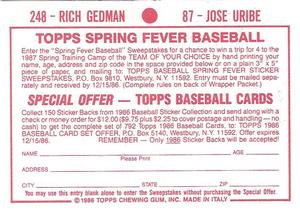 1986 Topps Stickers #87 / 248 Jose Uribe / Rich Gedman Back