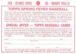 1986 Topps Stickers #88 / 249 Manny Trillo / Dennis Boyd Back