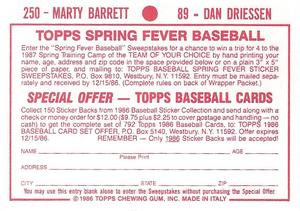 1986 Topps Stickers #89 / 250 Dan Driessen / Marty Barrett Back