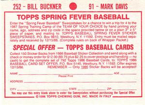 1986 Topps Stickers #91 / 252 Mark Davis / Bill Buckner Back
