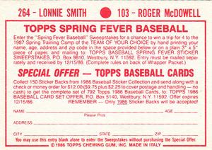 1986 Topps Stickers #103 / 264 Roger McDowell / Lonnie Smith Back