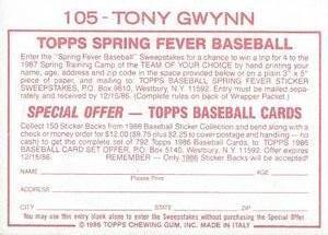 1986 Topps Stickers #105 Tony Gwynn Back