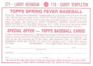 1986 Topps Stickers #110 / 271 Garry Templeton / Larry Herndon Back