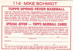 1986 Topps Stickers #114 Mike Schmidt Back